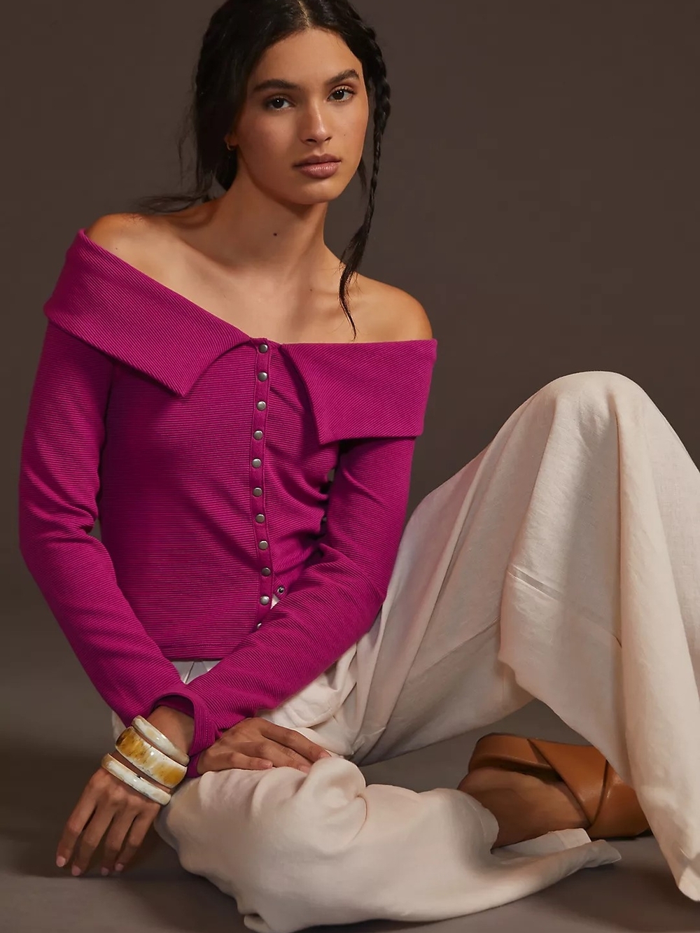 Anthropologie Maeve Magenta Off-the-Shoulder Snap-Front Ribbed Top
